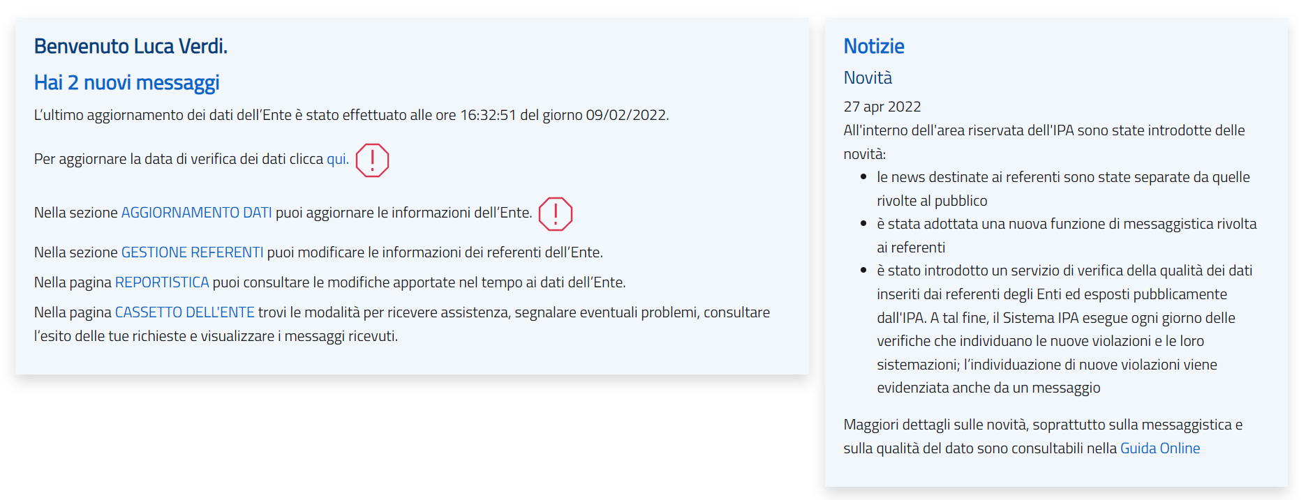 Pagina di benvenuto Portale IPA Area Riservata